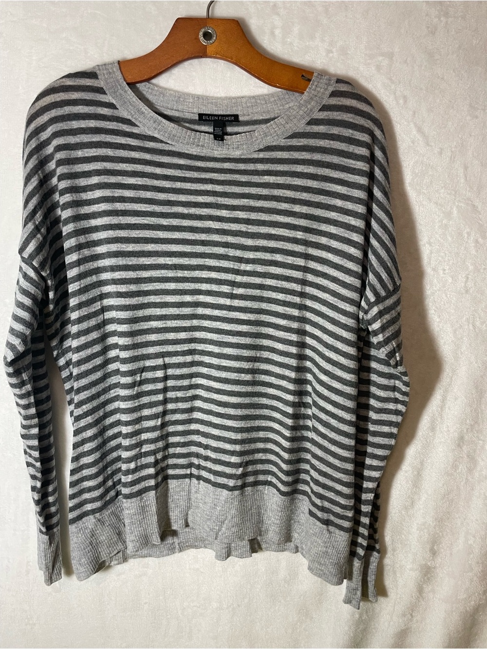 Eileen Fisher Gray and Charcoal Striped Crewneck Lightweight Wool Blend Sweater